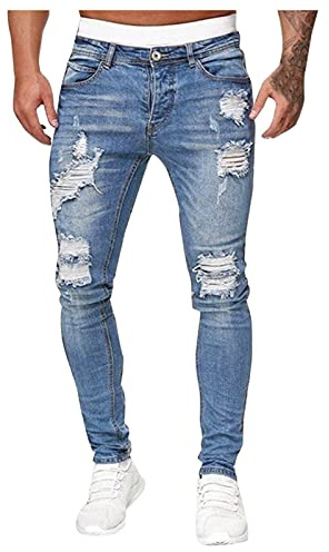 IQYU Destroyed-jeans herr normal passform jeans herr stretch smal passform fritidsbyxor destroyed ribbade denimbyxor långa jeans för herr slitna jeansbyxor träningsbyxor romerska jeans höftjeans