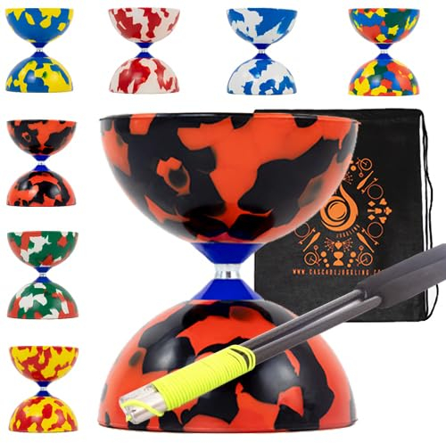 Juggle Dream Jester Diabolo Set mit Faserstäbchen, Diabolo String - Pro Medium Gummi Diablo Set mit Cascade Tragetasche (Rot und Schwarz)