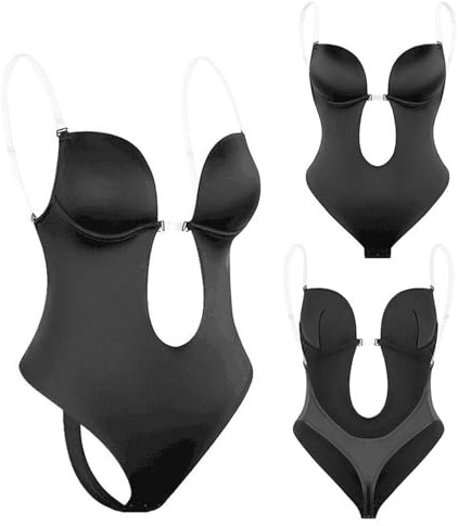 GWAWG Shapewear Bodysuit Women, Women's Deep V-Neck Clear Strap Body Bra for Parties, Dresses, Weddings (Black, L)