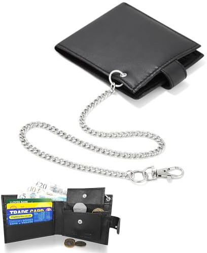 Woodland Leathers RFID Blocking Mens Wallets - Genuine Leather Wallets for Men with Secure Chain, RFID Protected and Coin Pocket, Biker-Style Black Wallet, Perfect Gifts for Men (Chain Wallet, Black)
