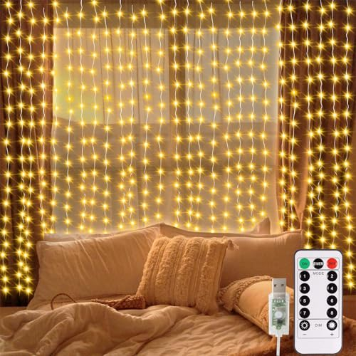300LED lichtervorhang 3mx3m, USB lichterketten Vorhang mit Fernbedienung Timer Wasserdichte LED Lichterkette mit Haken für Weihnachten Innen und außen Deko (Warmweiß)