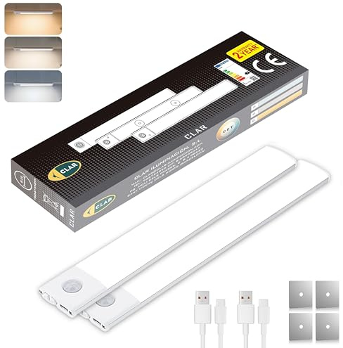 CLAR - Barra de luz LED con detector de movimiento, recargable USB, automático, montaje magnético, para armario (30 cm, paquete de 2)