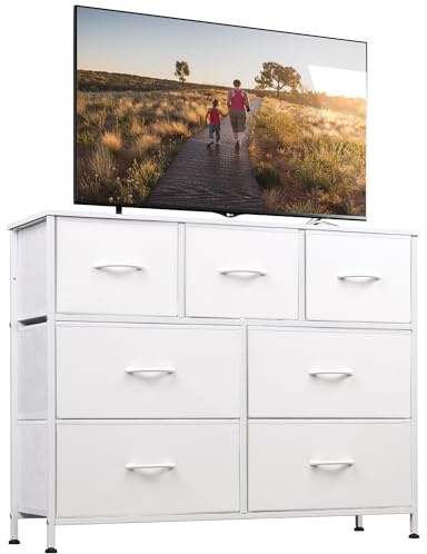 WLIVE Commode en Tissu avec 6 Tiroirs, Commode de Chambre à Coucher, Organisateur avec Structure en Acier, Idéale pour Le Salon, la Chambre d’Enfants, Le Couloir (Blanc Pur, 7 Tiroirs)