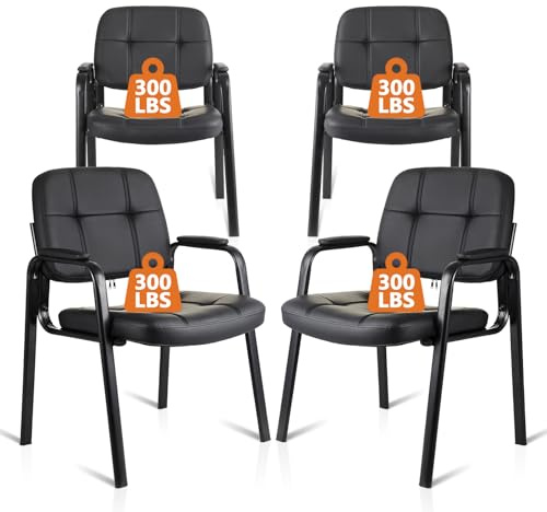 CLATINA Waiting Room Guest Chair, Leather Stationary Office Reception Chairs No Wheel, Comfy Padded Arms, for Conference Room Lobby Home Computer Desk Bedroom Elderly, Black 4 Pack