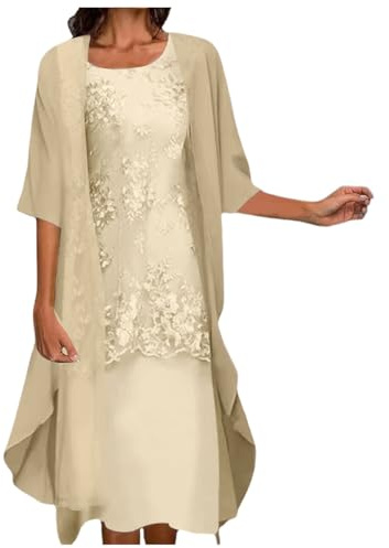 OBASDFD Dam vardaglig broderad klänning rund hals elegant halvärm chiffong scarf cardigan två set, gUL, 3XL