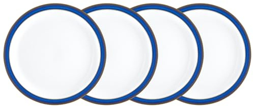 Denby - Imperial Blue Dinner Plates Set of 4 - Dishwasher Microwave Safe Crockery 26.5cm - Blue, White Ceramic Stoneware Tableware - Chip & Crack Resistant Large Plates