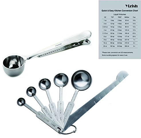 Yizish 304 Edelstahl Messlöffel mit Messlineal, Scoop mit Clip, Küchenumrechnungstabelle 8er Set zum Backen und Kochen