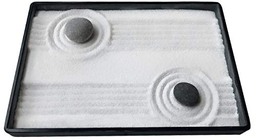 ICNBUYS Mini Zen Garden Classic with Free Rake Bamboo Pen Pushing Sand Pen Zen Garden Drawing Guild and Selected River Stones Well Packaged Gift Base Tray Dimensions 10 x 7 inches