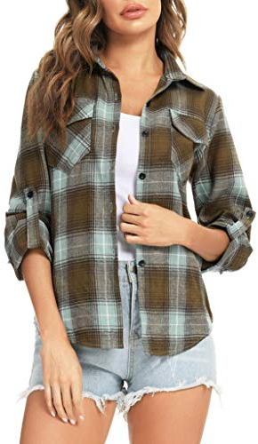 Enjoyoself Damen Flanellhemd 100% Baumwolle Langarm Holzfällerhemd Button-down Karierte Bluse für Alltag Oktoberfest braun+grün,S
