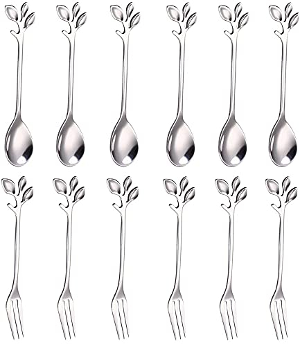 12 Pezzi Set di Posate Miste Cucchiai e Forchette, Forchetta da Dessert, Cucchiaino da Caffè in Acciaio Inox, Compresi 6 Cucchiai e 6 Forchette, per Tea Party in Cucina e Caffetterie