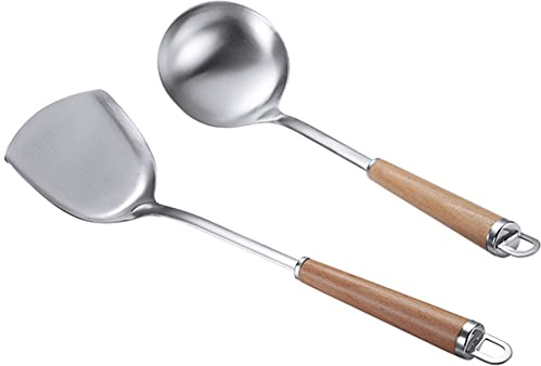 2-teiliges Küchenhelfer-Set, Edelstahl 304, Wok-Pfannenwender und Suppenkelle mit langem hitzebeständigem Holzgriff