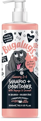 BUGALUGS Dog Shampoo Luxury 2 in 1 Papaya & Coconut grooming products for smelly dogs with fragrance, best puppy shampoo, professional groom Vegan pet shampoo & conditioner
