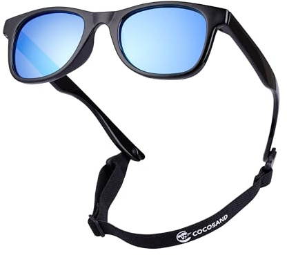 COCOSAND Toddler Baby Sunglasses with Strap Polarized Flexible Square Frame UV400 Protection for Kids Girl Boy Age 2-6, Bright Black