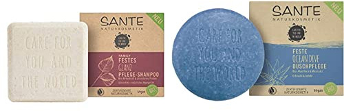 SANTE Naturkosmetik Festes Shampoo für glanzloses und normales Haar, 1 x 60 g & Feste Seife zum Duschen, Vegane Formel mit Bio-Aloe und Meersalz, Ocean Dive Duschpflege, 1 x 80 g