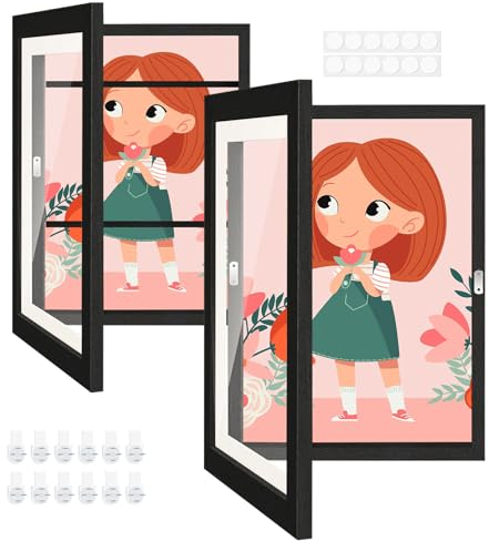 Grixz 2 Stück Kinder Kunstrahmen, Holzbilderrahmen für 50-150 Kunstwerke, mit festem Riemen Kinderbilderrahmen, horizontale und vertikale Anzeige zu Hause Schule Büro - A4, Schwarz