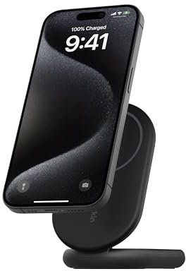 Belkin BoostCharge Cargador Inalámbrico con Qi2, Soporte Magnético Compatible con MagSafe y Standby 15 W, Cargador Rápido portátil, iPhone 17, 16, 15, 14 y 13 - con Fuente de alimentación - Negro