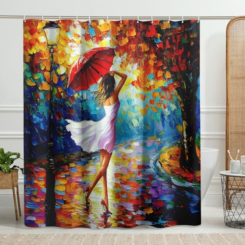 Cortina de ducha de paraguas rojo, decoración de baño de arte abstracto colorido, primavera y verano, moderno, artístico, impermeable, juego de cortina de ducha con ganchos, 72 x 72 pulgadas