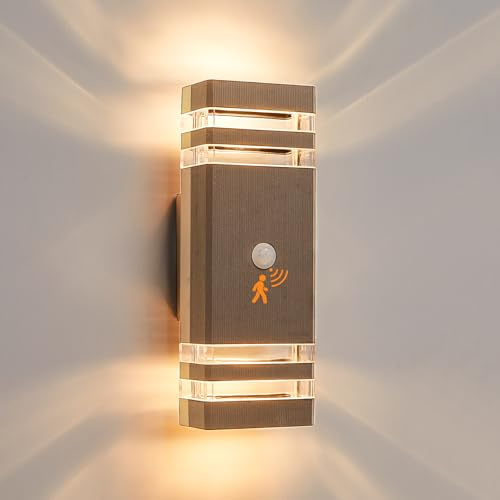 CELAVY Upp ner ytterlampor med rörelsesensor, PIR utomhusvägglampa elnätdriven, IP65 ytterdörr verandalampa elektrisk, säkerhet GU10 LED extern ytterlampa väggmonterad för hus, brun