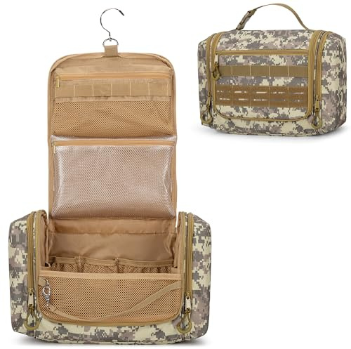 Prokva Trousse de Toilette Tactique de Voyage pour Hommes, Trousse de Toilette Suspendue, Sac d'hygiène, Organisateur de Douche avec Crochet pour Articles de Toilette et Soins de Rasage, Marron