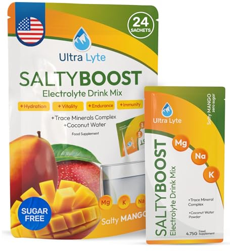 Ultra Lyte Electrolytes Drink Mix – Poudre de mangue salée sans sucre – 24 sachets à haute teneur en sodium, oligo-minéraux et eau de noix de coco – Hydratation pour le fitness, la réhydratation et