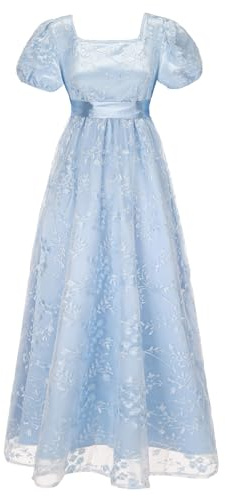 FORTMAC Regency Dresses for Women Regency Era Dress Luxurious Empire Waist Embroidery Ball Gown Tea Party, Blue, XL