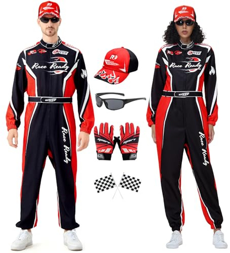 Dzorim Costume de pilote de course pour homme avec chapeau, combinaison de course, gants, drapeau et lunettes de soleil pour adulte (Noir, XXL)