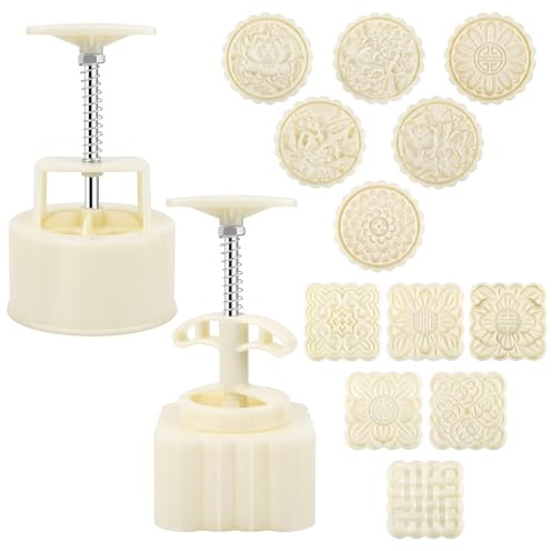 Moon Cake Mould, Luxiv 12 PCS Pattern Hand-Pressure Mooncake Molds for Mid-Autumn DIY Pastry Tool 2 Sets with 6pcs Round Flower Mooncake Mode and 6 Pcs Square Pattern Mooncake Mould (White, 200g)