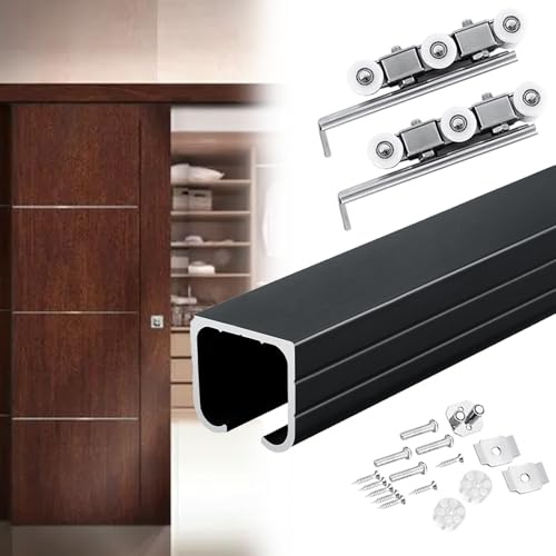 Kit Puerta Corredera Sistema Completo de Rieles para Puertas Corredizas, Rieles para Puertas Corredizas de Granero Montadas en El Techo, Kit de Herrajes para Puertas Corredizas(Black,3ft/0.9m)