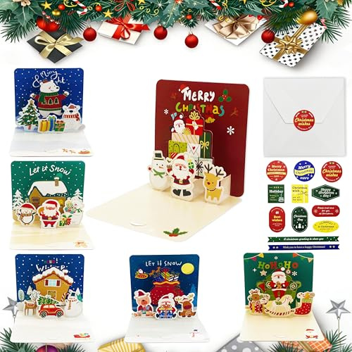 Xcdhemde® Juego de 6 Tarjetas de Navidad 3D Pop-up, Incluye Sobres y Pegatinas, Postales Desplegables y Plegables para Regalar a Niños, Familia, Postales Navidad