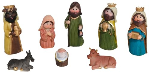Acan Tradineur Lot de 8 figurines de crèche pour enfant style naïf résine Joseph Marie Enfant Jésus Rois Mages Bœuf Mule Décoration Crèche Noël 9 cm
