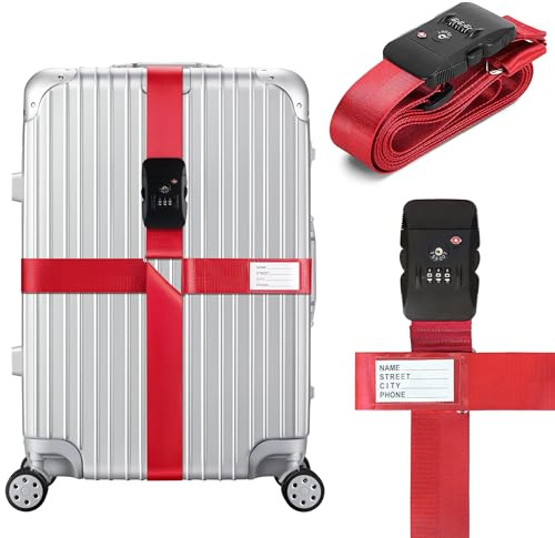 Linpr Correas de Equipaje Ajustables, Correas de Equipaje con Cerraduras TSA, Correas Cruzadas, Accesorios de Viaje, Correa de Equipaje con Etiquetas de Nombre en Colores Llamativos (Rojo)