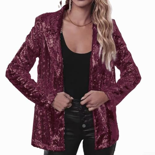 Avslappnad blazer för kvinnor med blanka paljetter, långärmad jacka för nattevenemang (XL Claret)