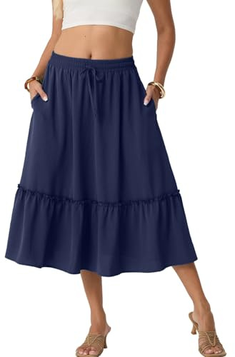 PrinStory Women's Summer Midi Skirts Ladies Boho Flowy Casual Elastic High Waist Skirts with Pockets (Navy Blue, M)