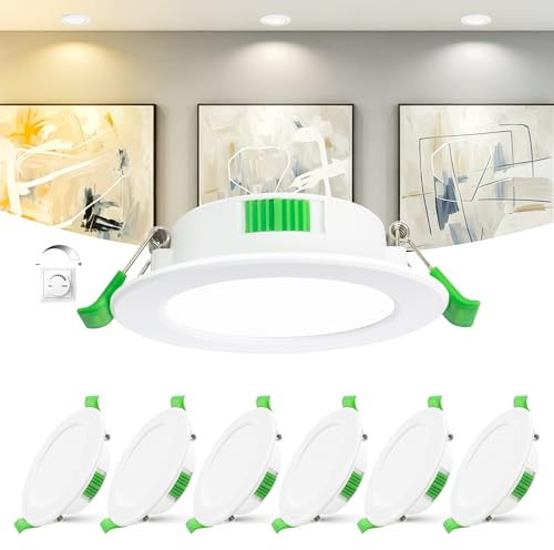 Laiebri LED Einbaustrahler 230V Dimmbar 6er Set, 55–68 mm Lochmaß, 0–100% stufenlos dimmbar, Ultra Flach 25 mm, 6W, 2700K/4000K/6500K Einbauleuchten, IP44 LED Spots für Bad, Küche, Wohnzimmer, Weiß