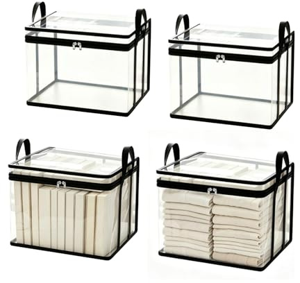 4Pcs Clear Storage Bags with Zipper & Handles, Large Heavy-Duty Thick PVC Bag Plastic Bag Organizer Bins for Moving Clothing Toys 14.5x11.8x9Foldable Storage Box with Lid - Black