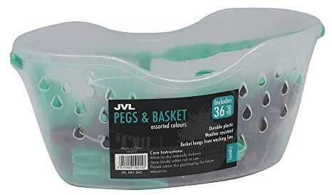 JVL Strong hanging 36 plastic clothes pegs with clear basket and hook,19-215