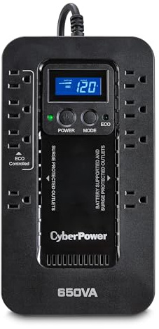CyberPower EC650LCD Ecologic Battery Backup & Surge Protector UPS System, 650VA/390W, 8 Outlets, ECO Mode, Compact Uninterruptible Power Supply