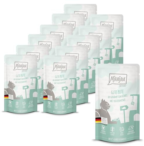 MjAMjAM - nourriture humide premium pour chats - Quetschie - bonne dinde au potiron cuit à la vapeur, pack de 12 (12 x 125 g), sans céréales avec supplément de viande