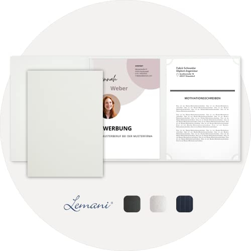 5 Stück 3-teilige Bewerbungsmappen Lemani® BUSINESS 'pearl white' mit 1 Klemmschiene - Premium-Qualität mit unverwechselbarer Haptik und hochwertiger Prägung 'Bewerbung'