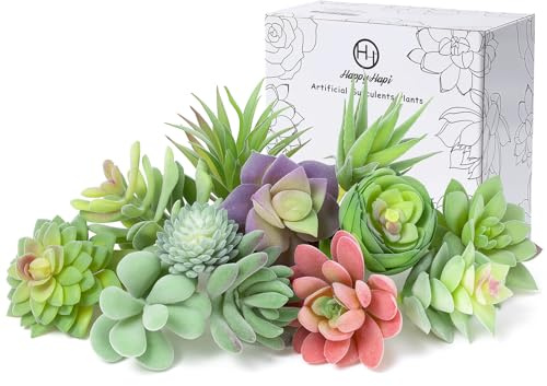 HappyHapi 12 Pcs Artificial Succulents Mini Fake Plants Unpotted Faux Succulent for Craft, Small Plastic Succulents Assortment in Flocked Green Floral Decor for Party, Cake, Garden & Outdoor