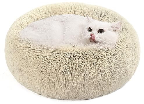 Feandrea Hundebett flauschig, Katzenbett, Donut Kissen, waschbar, Polsterung in der Mitte herausnehmbar, Langer Plüsch, 50 cm Durchmesser, Ombré-Khaki PGW037S01