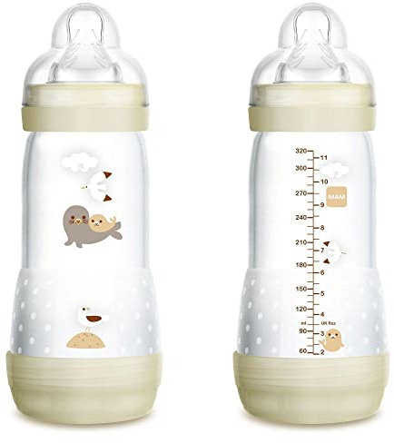 MAM Anti-Colic Bottle, from 4 Months, 320 ml, with 3 Fast Flow Silicone Teat, Easy Acceptance, Self-Sterilizable and Easy to Clean, Easy Start Anti-Colic, Neutral Matt, Pack of 1