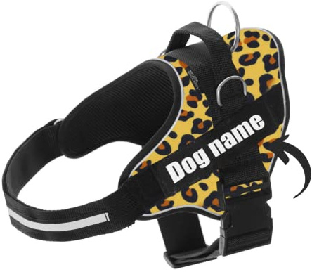 SUPER DOGGY Arnes Personalizado para Perros - Tamaño Pequeño, Mediano y Grande - Incluye 2 Etiquetas con Nombre - Pechera para Perros Reflectante y Seguro (S 6-14KG, Leopard)