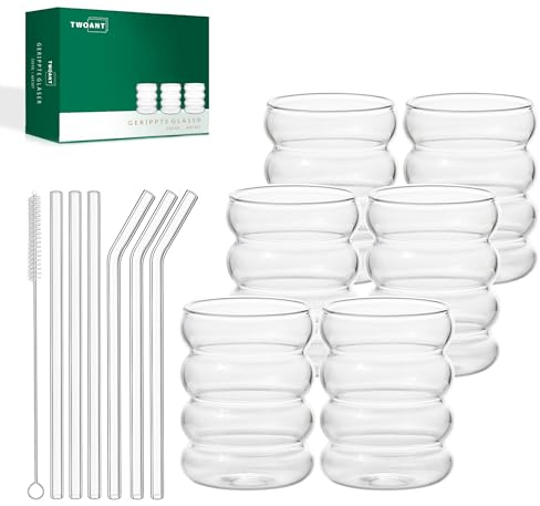Gerippte Gläser Set (350ml x 6) Cocktailgläser Wellenförmige Wassergläser Getränkegläser Saftgläser Trinkgläser aus Glas Gläser für Wasser Trink Saft Universalgläser mit Glasstrohhalmen und Bürsten