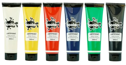 Scola Artprint - Colori per stampa a base d'acqua, 6 colori assortiti, bottiglie da 300 ml, progetti artistici e artigianali, ideali per scuole elementari e bambini