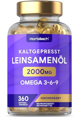 Leinöl Kapseln 2000mg | Omega 3 6 9 | 1000mg pro Kapseln | 6 Monate Vorrat - 360 Hochdosiert Weichkapseln | Kaltgepresstes Softgels | Linseed Oil Capsules | by Horbaach