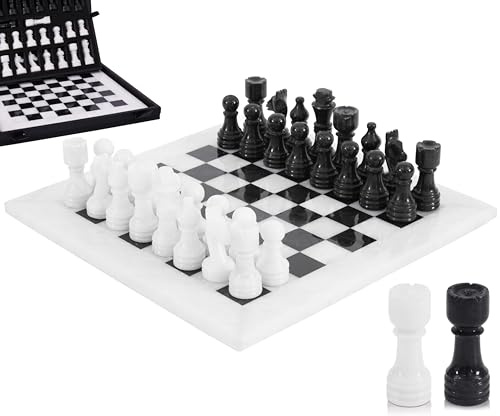 Juego de ajedrez de mármol de 12 Inches, Hecho a Mano con 32 Piezas, 2 Reinas Extra y Caja. Juego de Viaje de Lujo y Elegante Regalo para Adultos y decoración del hogar