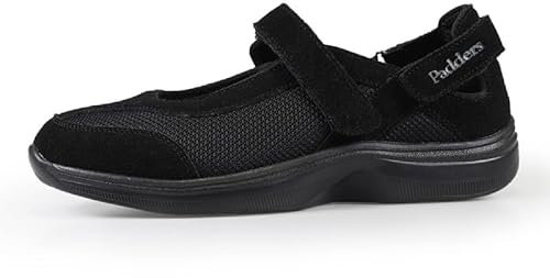 Padders Betty Extra Wide 3E/4E Fitting Shoes for Women | Touch and Close Ladies Shoes with Removable Footbed | Leather and Textile Women's Slip on Shoes for Casual and Everyday Wear Black