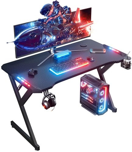 DLONGONE Gaming Desk with LED Lights, Whole Board RGB Gaming Table, Gamer Desk with Cup Holder and Headphone Hook, Computer Desk 100 x 60 cm, Black
