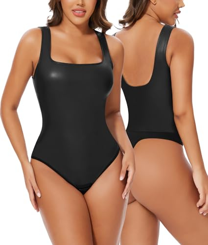SHAPERIN Kvinnor Shapewear Body Shaper Kvadratisk Halsring/Djup V-Ringning Shapewear Bodysuit String Body Shaper Smal Tank Tank, Svart, M